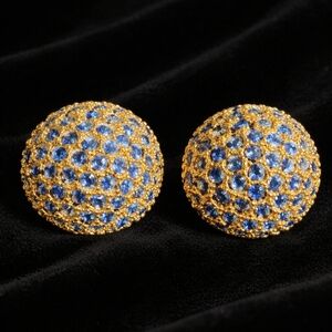 Vintage Blue Crystals Dome Clip Earrings Gold Tone Couture 1” Statement 80s Glam